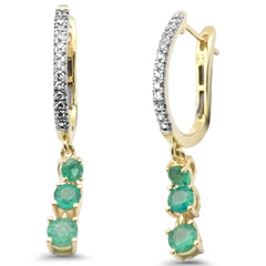 SPECIAL!.89ct G SI 14K Yellow Gold Diamond & Emerald Gemstones Drop Hoop Earrings
