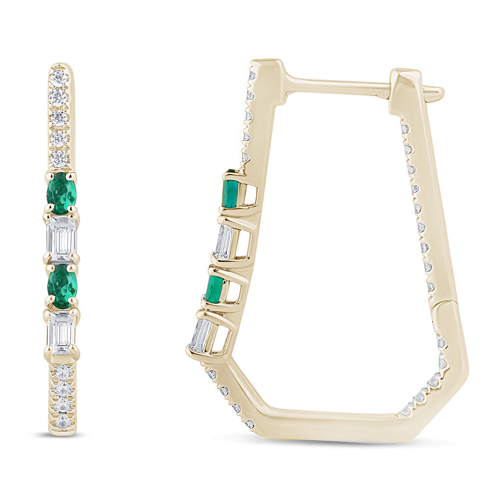 SPECIAL!.98ct G SI 14K Yellow Gold Diamond & Emerald Gemstones Hoop Earrings