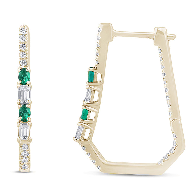 SPECIAL!.98ct G SI 14K Yellow Gold Diamond & Emerald Gemstones Hoop Earrings