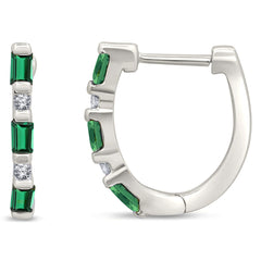 SPECIAL! .25ct G SI 14K White Gold Diamond & Natural Emerald Gemstones Hoop Earrings