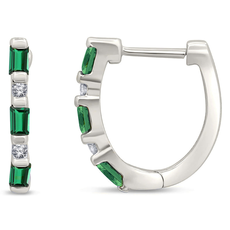 SPECIAL! .25ct G SI 14K White Gold Diamond & Natural Emerald Gemstones Hoop Earrings