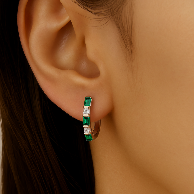 SPECIAL! .25ct G SI 14K White Gold Diamond & Natural Emerald Gemstones Hoop Earrings