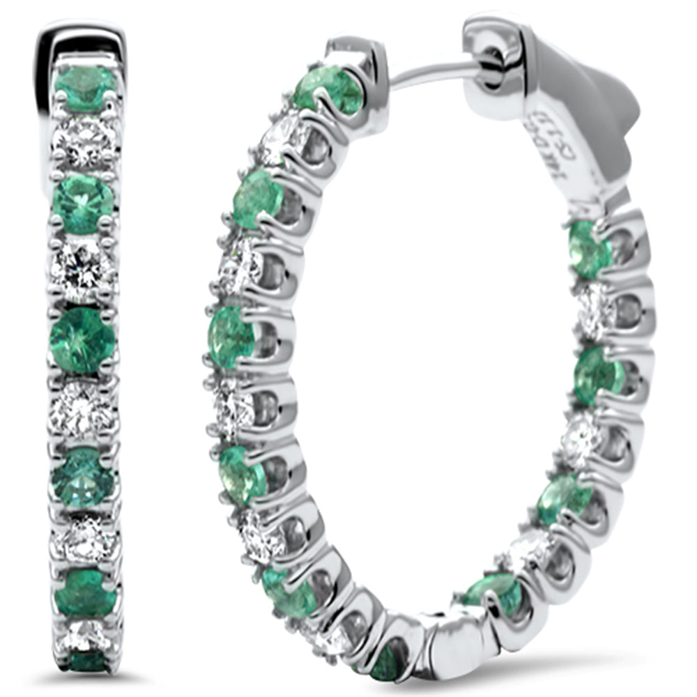 SPECIAL!2.02ct G SI 14K White Gold Diamond & Genuine Emerald Gemstones Hoop Earrings