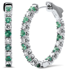 SPECIAL!2.02ct G SI 14K White Gold Diamond & Genuine Emerald Gemstones Hoop Earrings