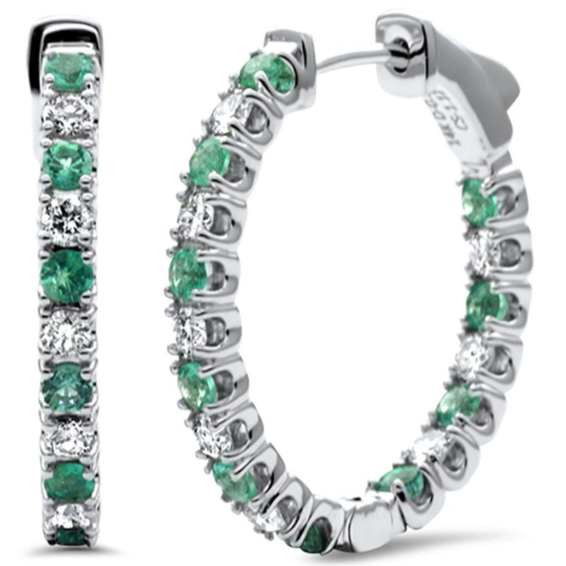 SPECIAL!2.02ct G SI 14K White Gold Diamond & Genuine Emerald Gemstones Hoop Earrings