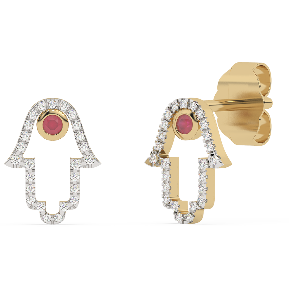SPECIAL!.24ct G SI 14K Yellow Gold Diamond & Ruby Gemstones Hamsa Earrings