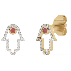SPECIAL!.24ct G SI 14K Yellow Gold Diamond & Ruby Gemstones Hamsa Earrings