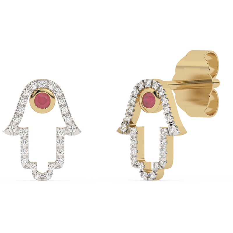 SPECIAL!.24ct G SI 14K Yellow Gold Diamond & Ruby Gemstones Hamsa Earrings
