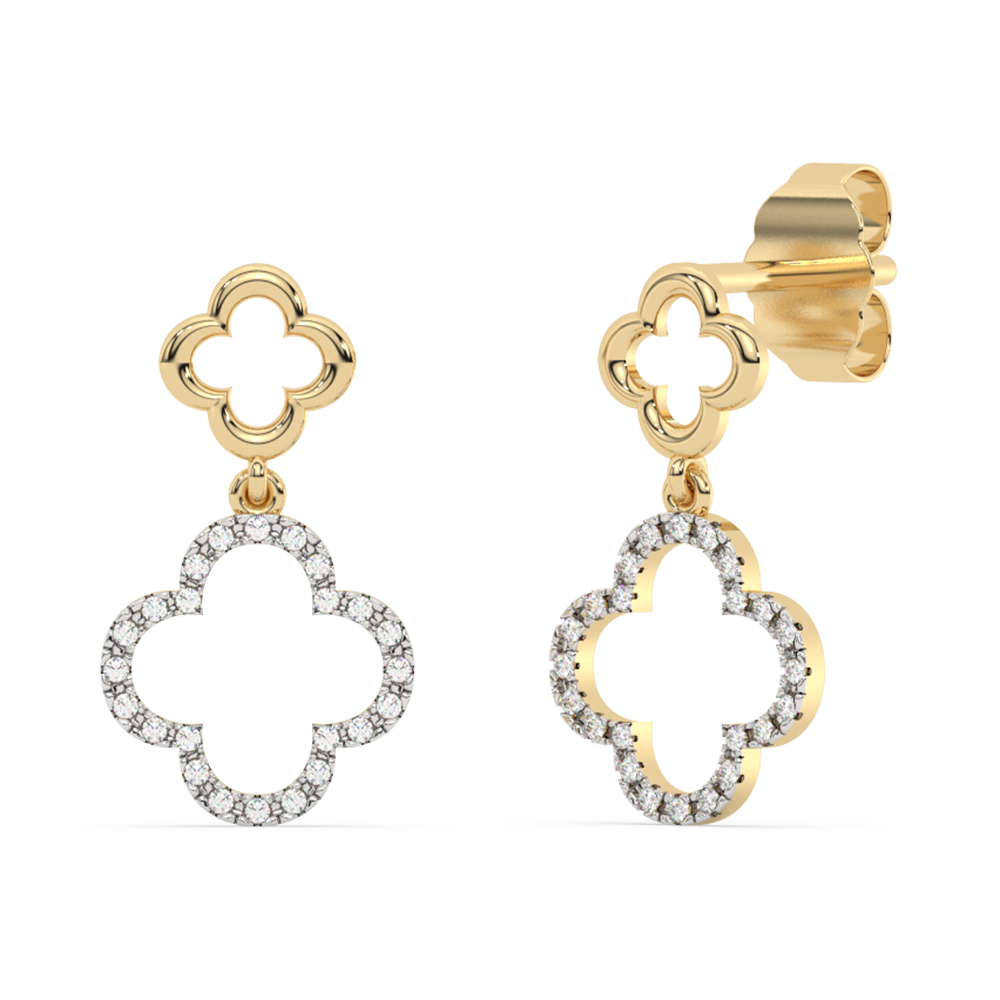 .10ct G SI 14K Yellow Gold Diamond Clover Dangling Earrings