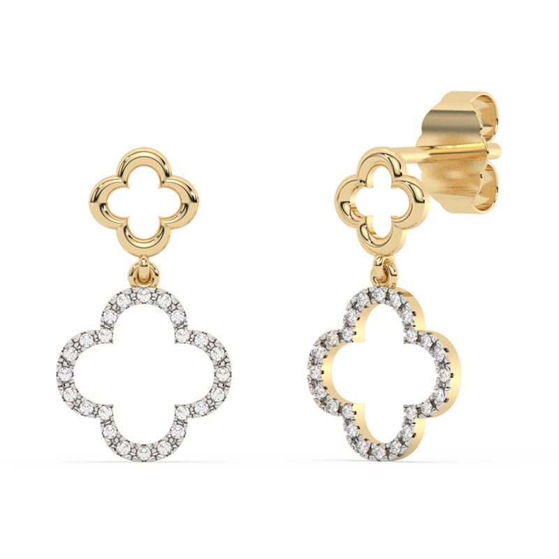 .10ct G SI 14K Yellow Gold Diamond Clover Dangling Earrings