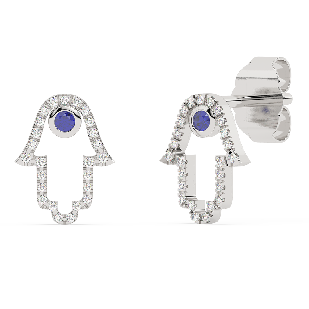 SPECIAL!.25ct G SI 14K White Gold Diamond & Blue Sapphire Gemstones Hamsa Earrings