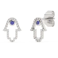 SPECIAL!.25ct G SI 14K White Gold Diamond & Blue Sapphire Gemstones Hamsa Earrings