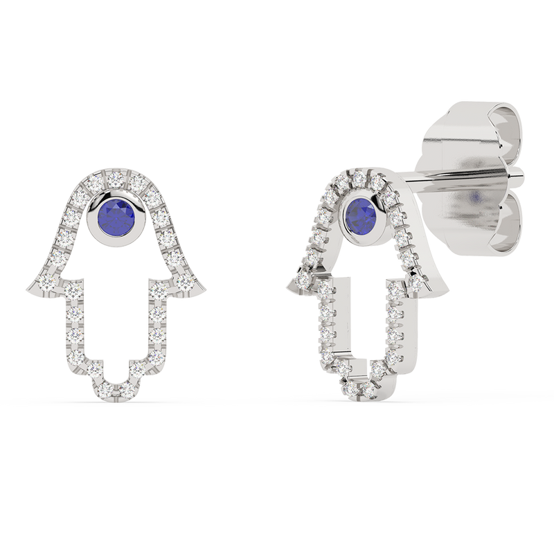 SPECIAL!.25ct G SI 14K White Gold Diamond & Blue Sapphire Gemstones Hamsa Earrings