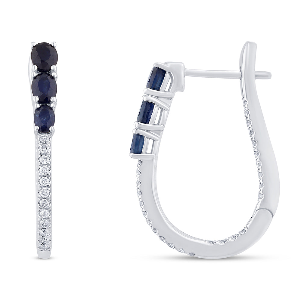 SPECIAL! 1.52ct G SI 14K White Gold Diamond & Blue Sapphire Gemstones Hoop Earrings