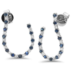 SPECIAL! .85ct G SI 14K White Gold Diamond & Blue Sapphire Gemstones J Hoop Earrings