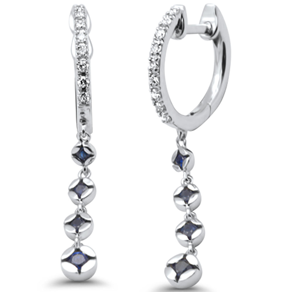 SPECIAL! .39 G SI 14K White Gold Diamond Blue Sapphire Gemstones Dangling Hoop Earrings