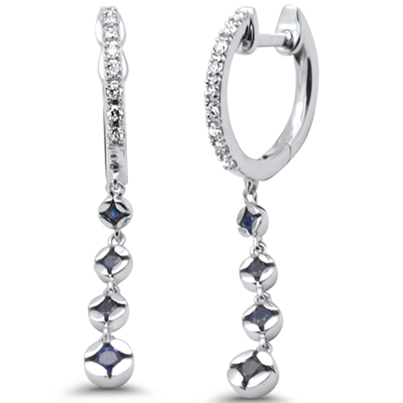 SPECIAL! .39 G SI 14K White Gold Diamond Blue Sapphire Gemstones Dangling Hoop Earrings