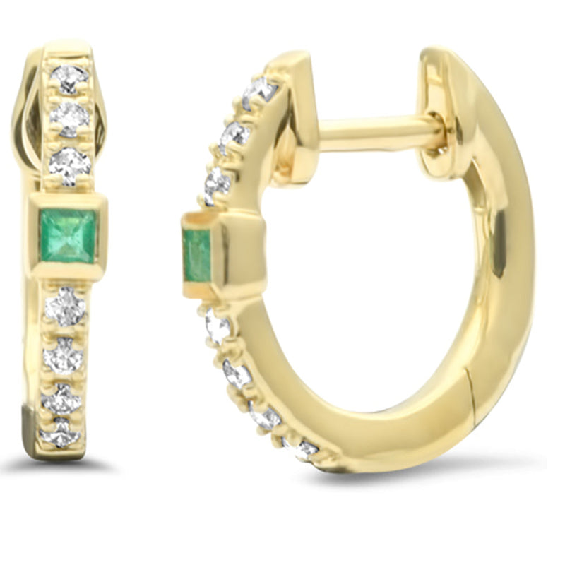 SPECIAL! .15ct G SI 14K Yellow Gold Diamond Emerald Gemstones Hoop Earrings
