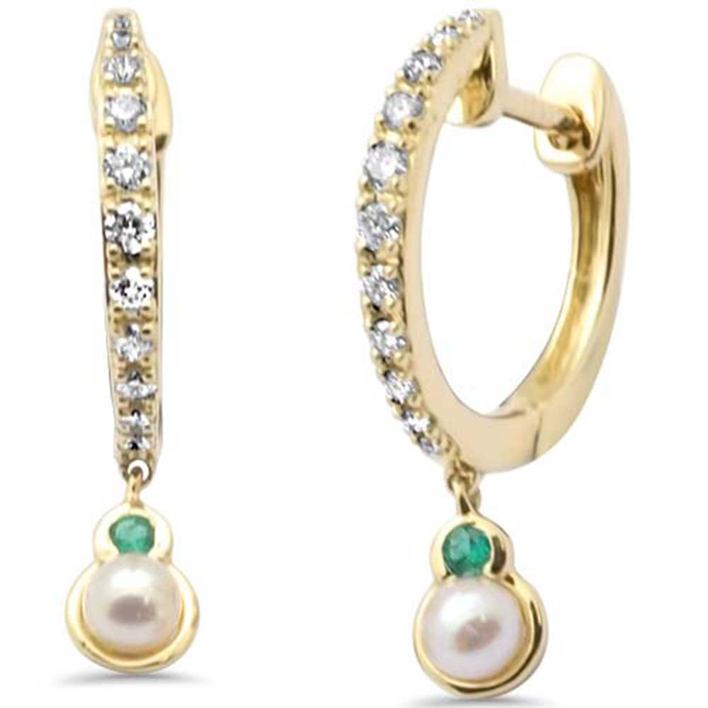 SPECIAL!.19ct G SI 14K Yellow Gold Diamond Emerald Gemstone & Pearl Dangling Hoop Earrings