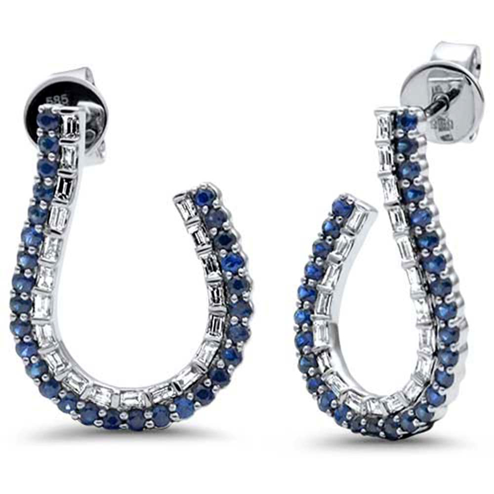 SPECIAL! 1.27ct G SI 14K White Gold Diamond & Blue Sapphire Gemstones J Hoop Earrings