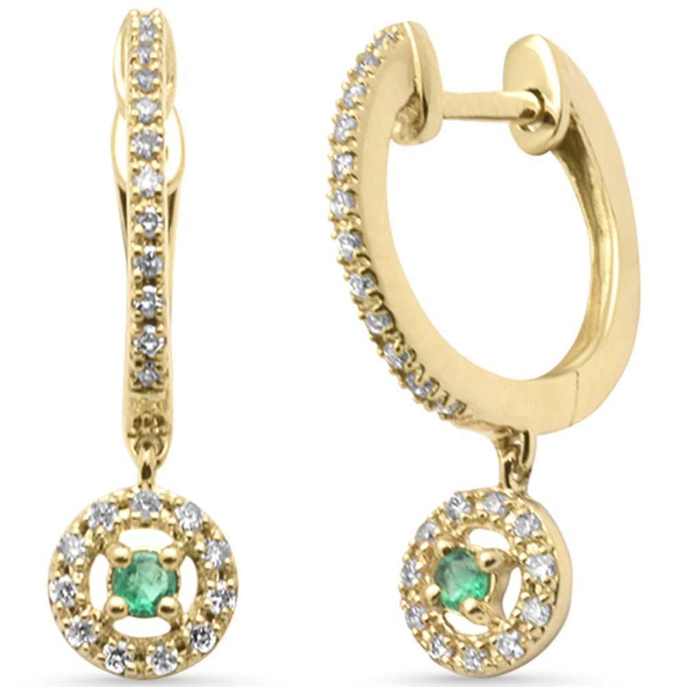 SPECIAL! .22ct G SI 14K Yellow Gold Diamond & Emerald Gemstones Dangling Hoop Earrings