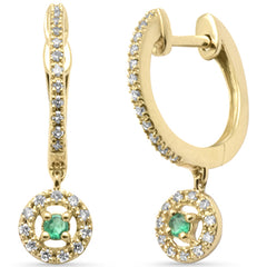 SPECIAL! .22ct G SI 14K Yellow Gold Diamond & Emerald Gemstones Dangling Hoop Earrings