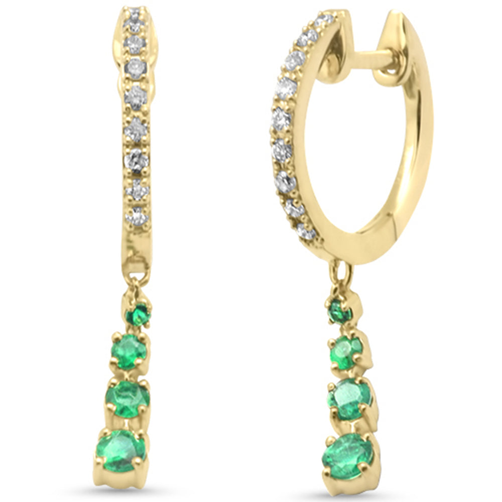 SPECIAL! .44ct G SI 14K Yellow Gold Diamond & Emerald Gemstones Dangling Hoop Earrings