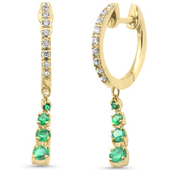 SPECIAL! .44ct G SI 14K Yellow Gold Diamond & Emerald Gemstones Dangling Hoop Earrings