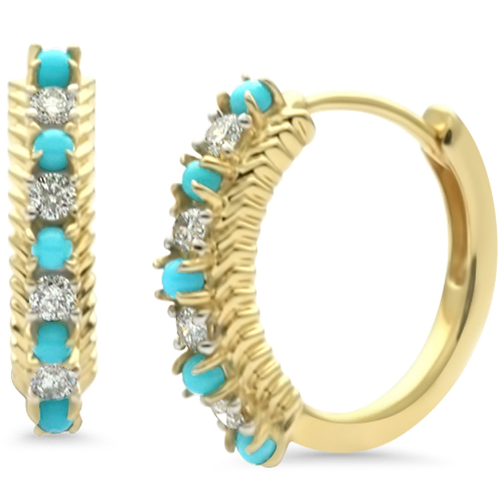 SPECIAL! .36ct G SI 14K Yellow Gold Diamond & Turquoise Gemstones Hoop Earrings