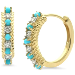 SPECIAL! .36ct G SI 14K Yellow Gold Diamond & Turquoise Gemstones Hoop Earrings