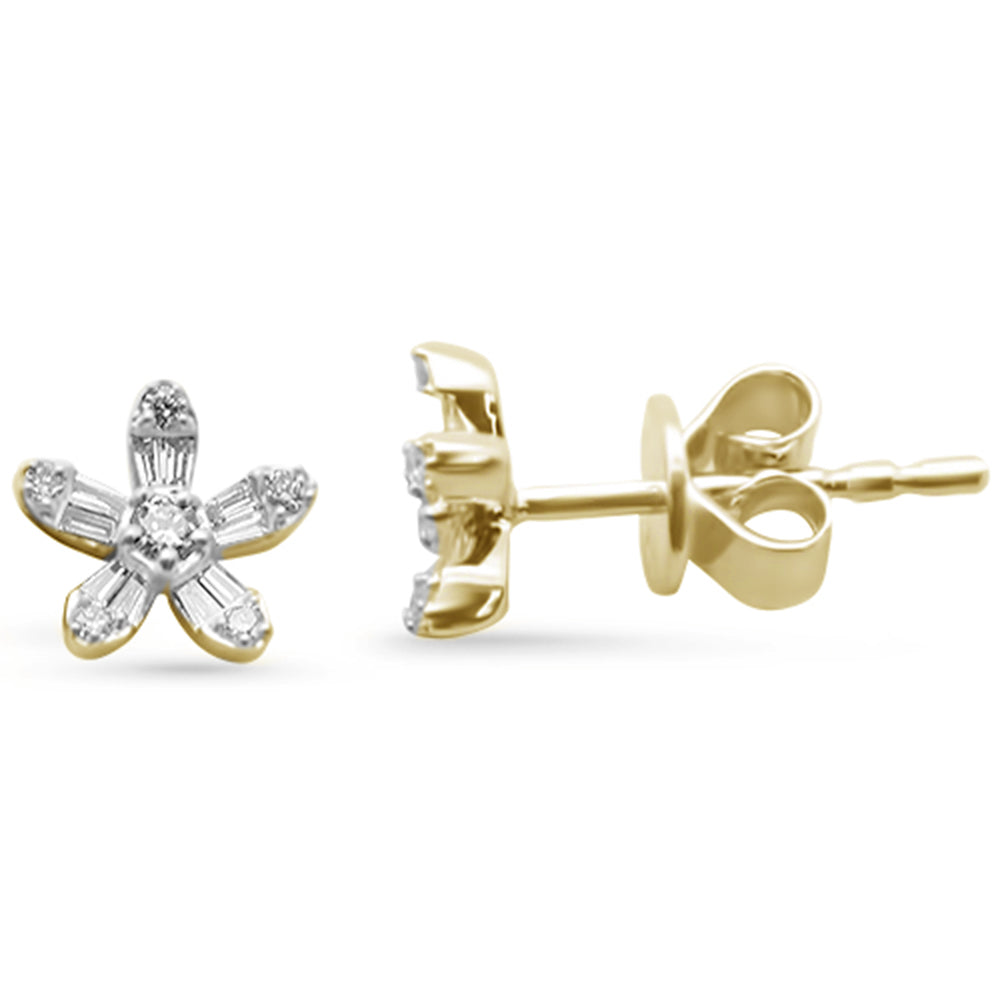 .15ct G SI 14K Yellow Gold Round & Baguette Diamond Flower Earrings