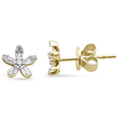 .15ct G SI 14K Yellow Gold Round & Baguette Diamond Flower Earrings