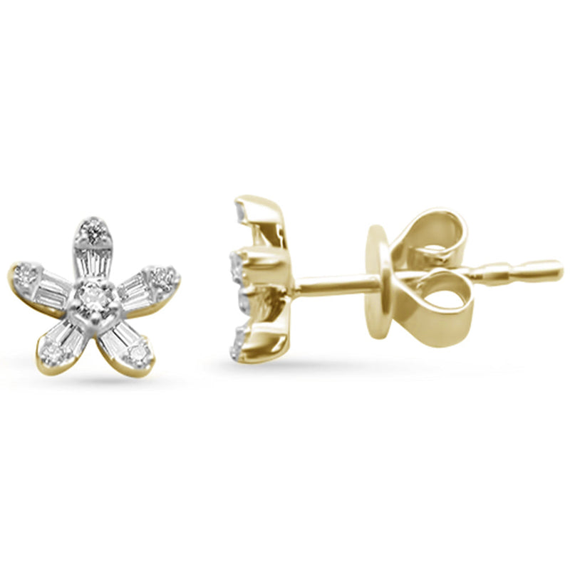 .15ct G SI 14K Yellow Gold Round & Baguette Diamond Flower Earrings