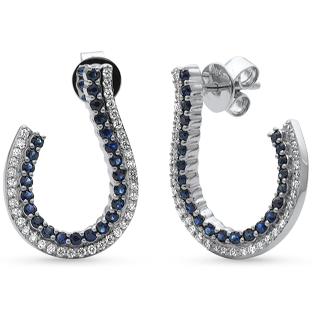 SPECIAL!1.08ct G SI 14K White Gold Diamond & Blue Sapphire J Hoop Earrings