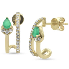 SPECIAL! .52ct G SI 14K Yellow Gold Diamond & Emerald Gemstones Double Shank J Hoop Earrings