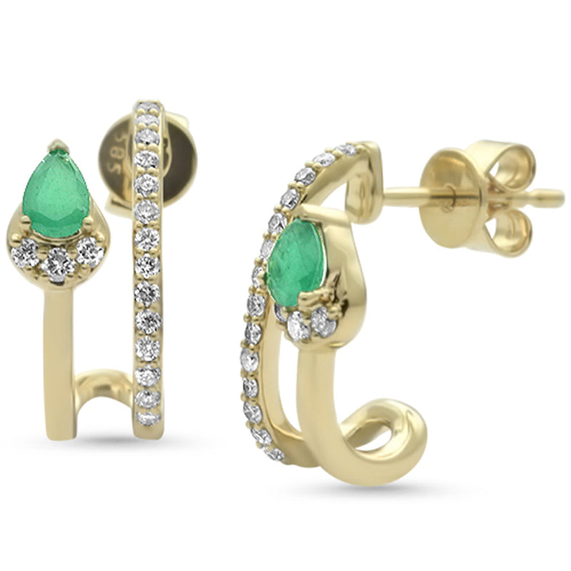 SPECIAL! .52ct G SI 14K Yellow Gold Diamond & Emerald Gemstones Double Shank J Hoop Earrings
