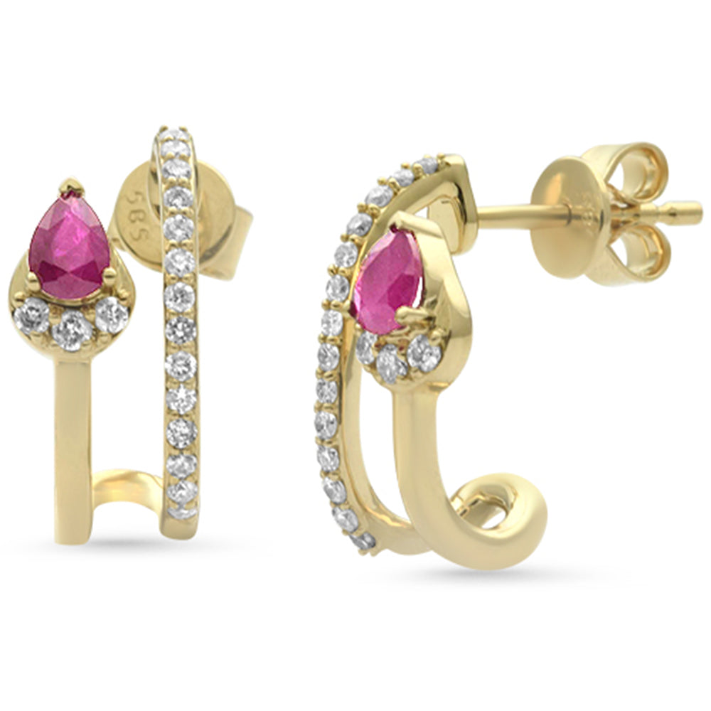 SPECIAL! .62ct G SI 14K Yellow Gold Diamond & Ruby Gemstones Double Shank J Hoop Earrings