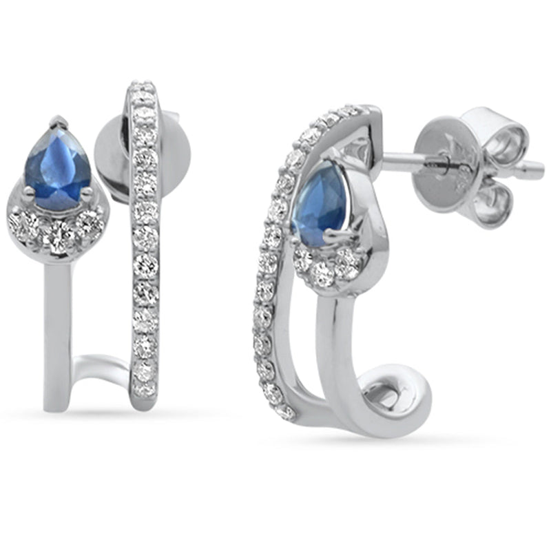 SPECIAL! .60ct G SI 14K White Gold Diamond & Blue Sapphire Double Shank J Hoop Earrings