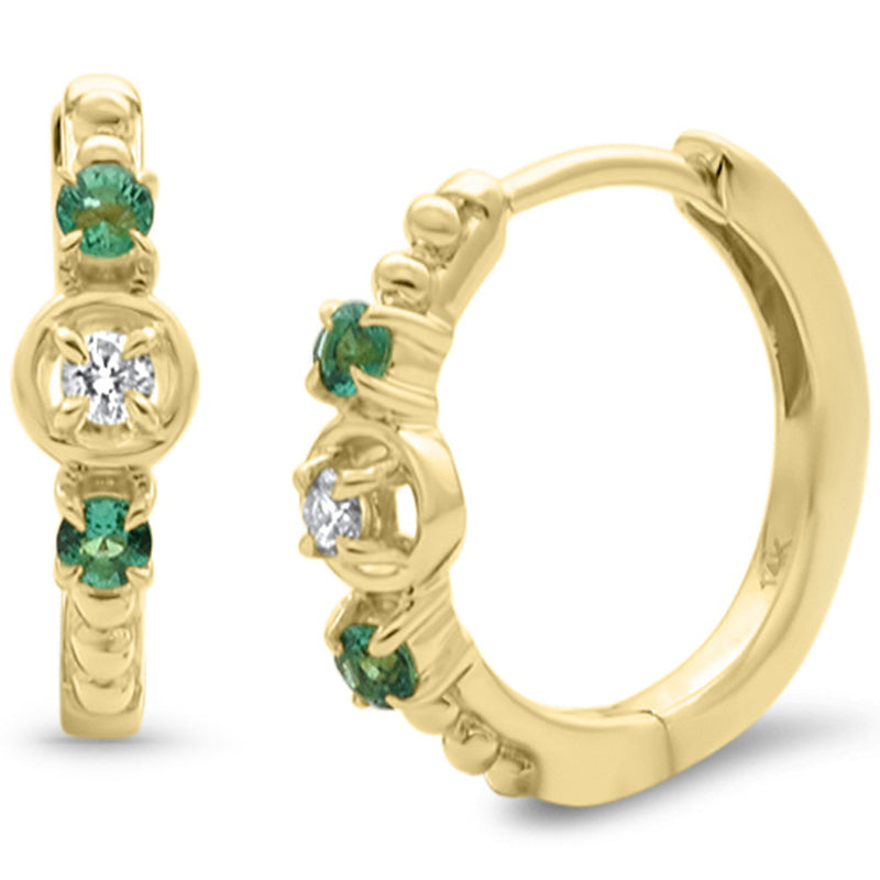 SPECIAL! .19ct G SI 14K Yellow Gold Diamond & Emerald Gemstones Hoop Earrings