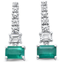 SPECIAL!1.66ct G SI 14K White Gold Diamond & Emerald Gemstones Dangling Earrings