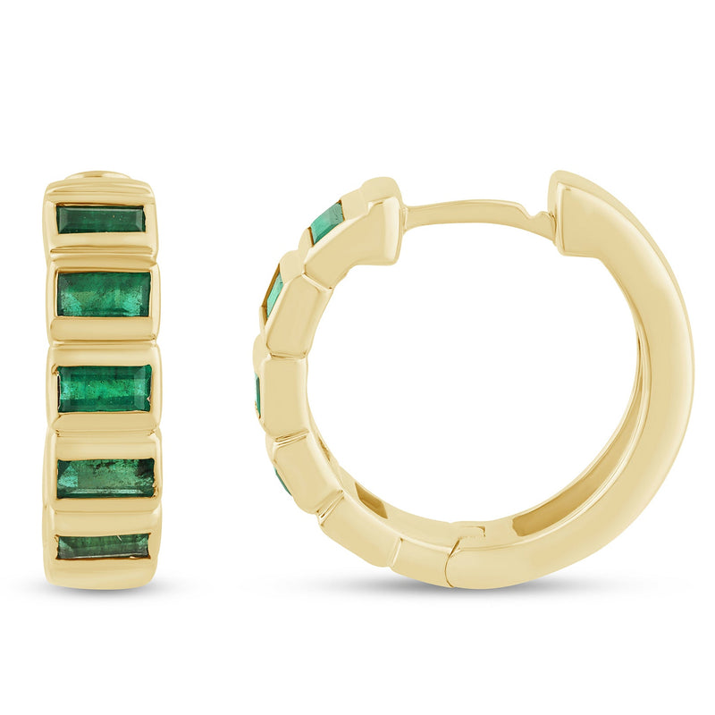 SPECIAL! 1.17ct G SI 14K Yellow Gold Diamond & Natural Emerald Gemstones Hoop Earrings