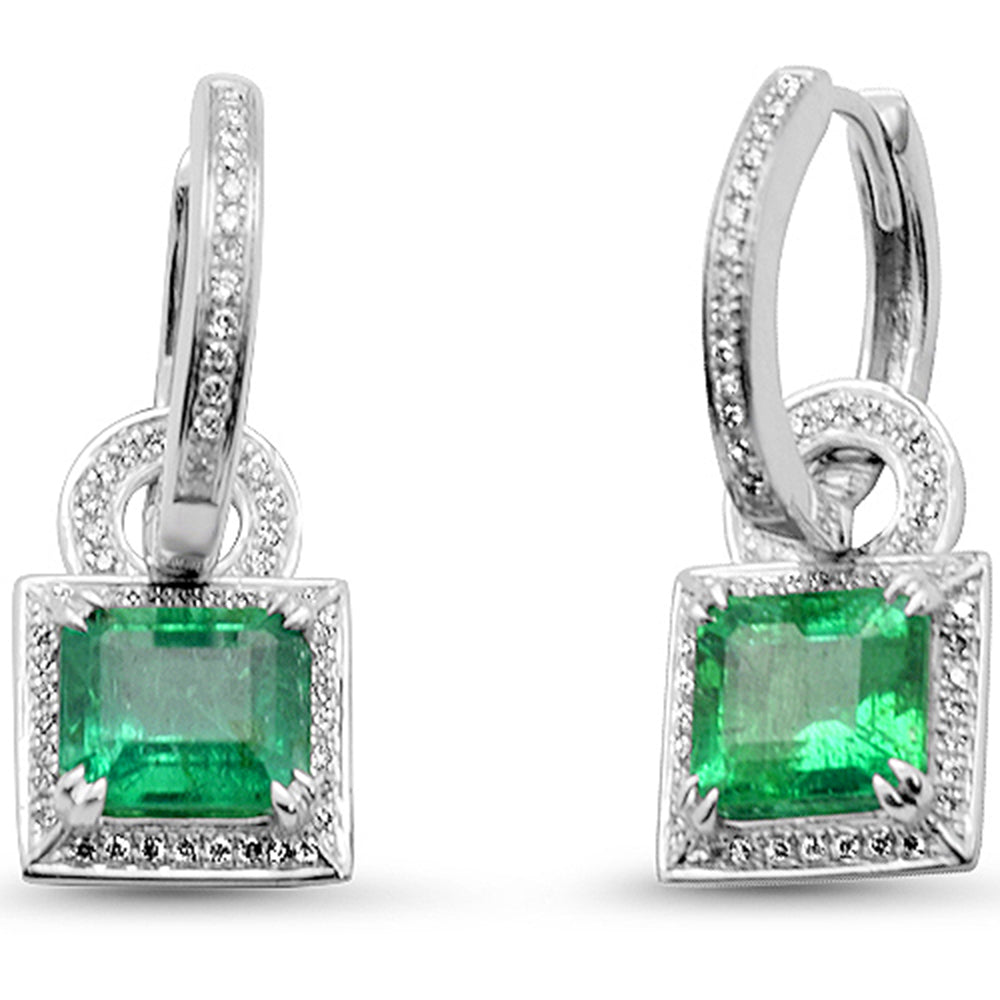 SPECIAL!3.04ct G SI 14K White Gold Diamond & Natural Emerald Gemstone Hoop Dangling Earrings