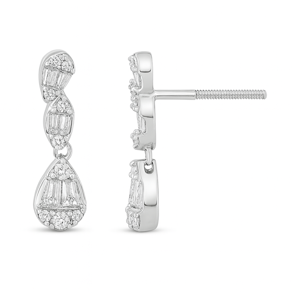 SPECIAL! .38ct G SI 14K White Gold Round & Baguette Diamond Dangle Earrings