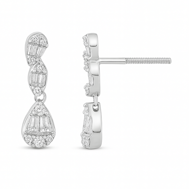 SPECIAL! .38ct G SI 14K White Gold Round & Baguette Diamond Dangle Earrings