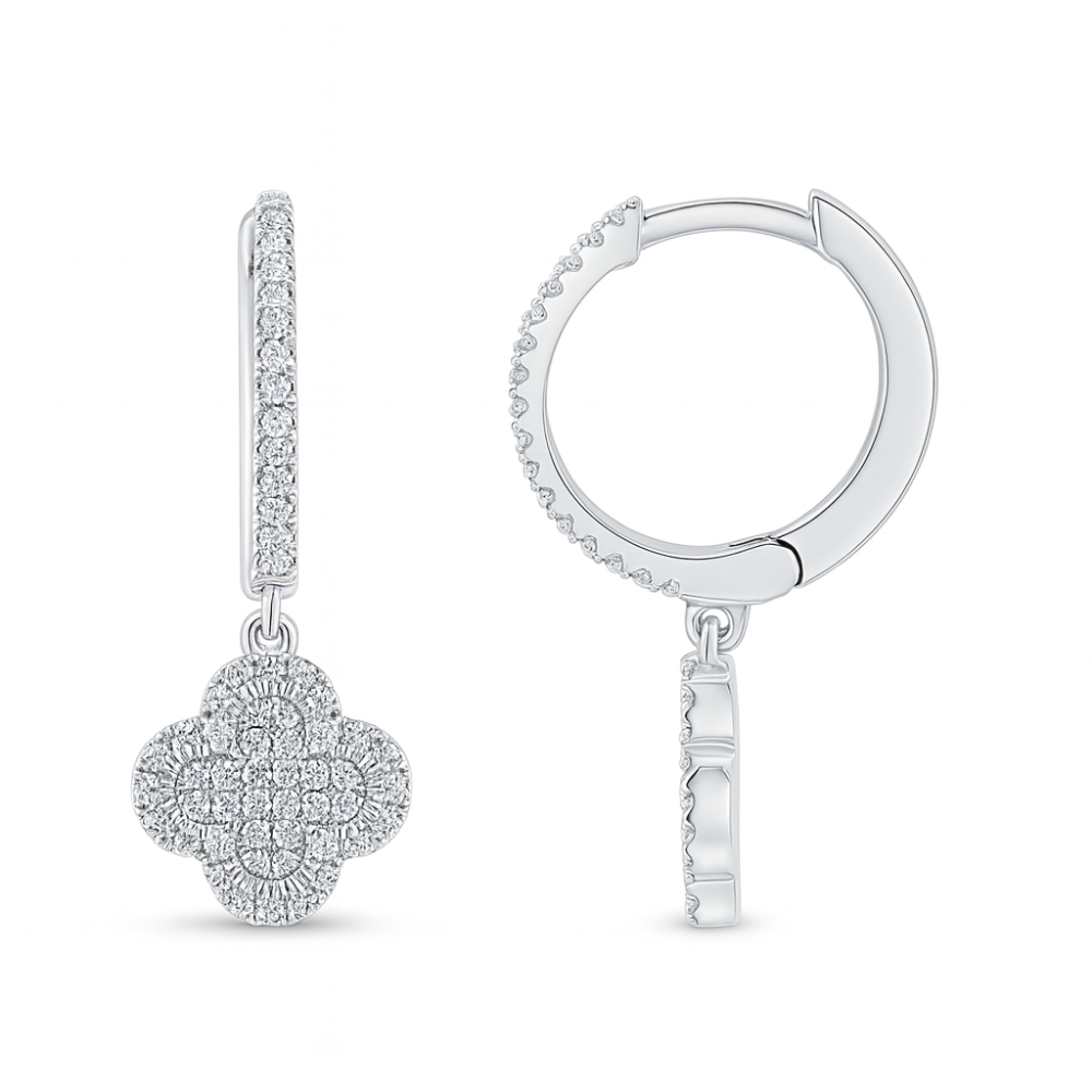 SPECIAL! .16ct G SI 14K White Gold Diamond Clover Dangling Hoop Earrings
