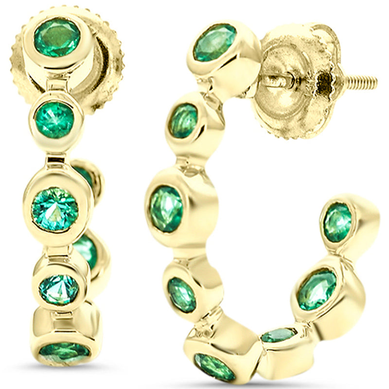SPECIAL! .86ct G SI 14K Yellow Gold Diamond & Emerald Gemstones J Hoop Earrings