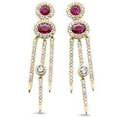 SPECIAL! 1.12ct G SI 14K Yellow Gold Unique Diamond & Ruby Gemstones Drop Earrings
