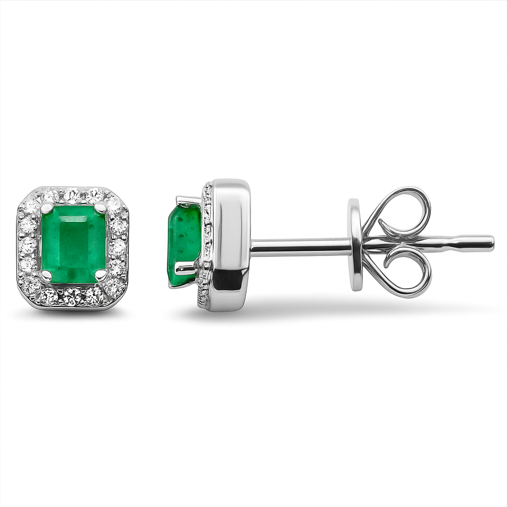 SPECIAL!.49ct G SI 14K White Gold Diamond & Emerald Gemstone Stud Earrings