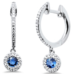 SPECIAL! .39ct G SI 14K White Gold Diamond & Blue Sapphire Gemstones Dangling Hoop Earrings