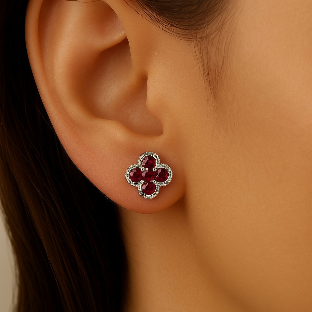 SPECIAL!.53ct G SI 14K White Gold Ruby Gemstone Clover Earrings Push Backings